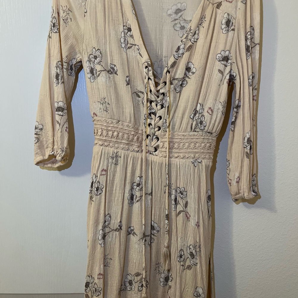 Floral Lace-Up Beige Dress